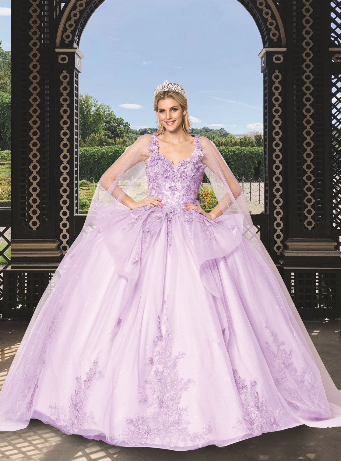 (LIVE 69) Quinceanera Ball Gown Dress - 3D Butterfly & Flower Embroidery Tulle Sweet 15 Dress in Lilac Color
