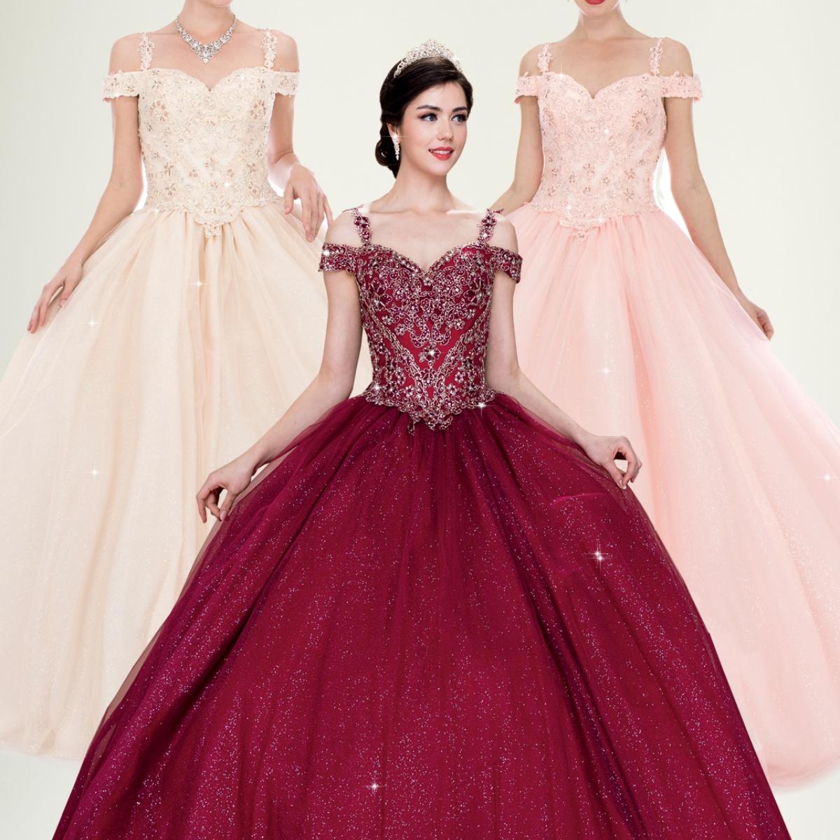 Adults in gowns, flowing skirts, confident display.