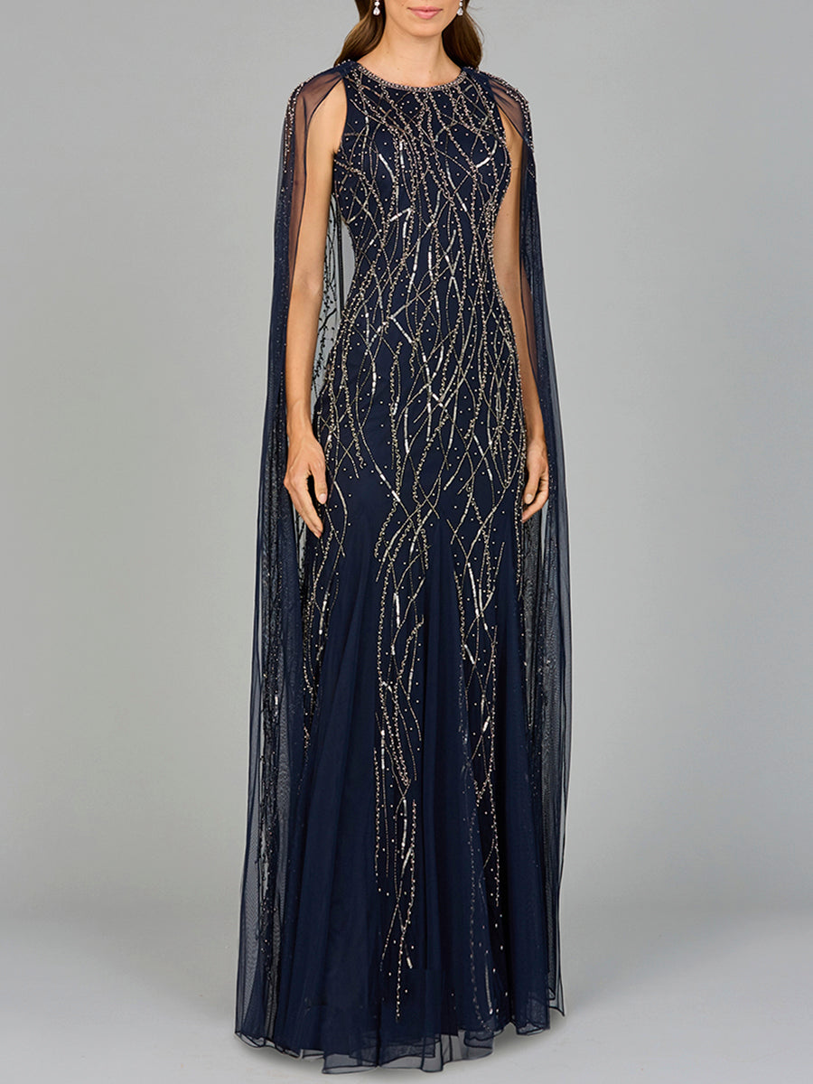 Elegant Beaded Dress with Long Cape