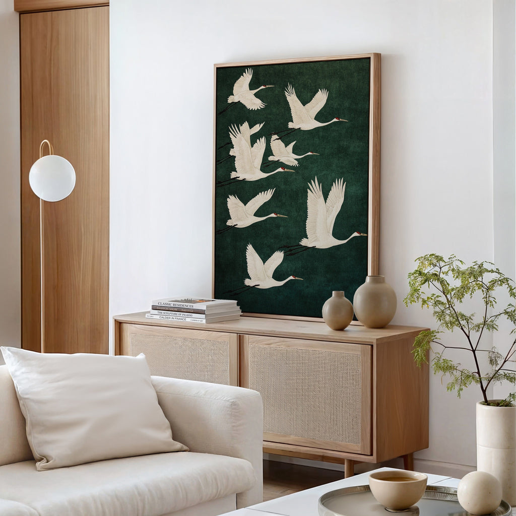 Elegant Cranes in Flight – Japanese Minimalist Wall Art Print