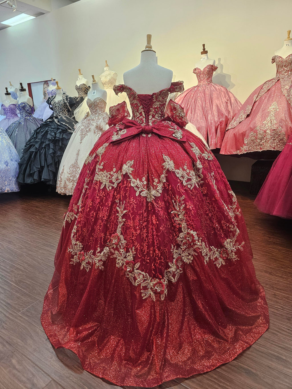 Quinceanera Ball Gown Dress - 3D Butterfly & Flower Embroidery Metallic Sweet 15 Red Sequin Dress for Special Occasions