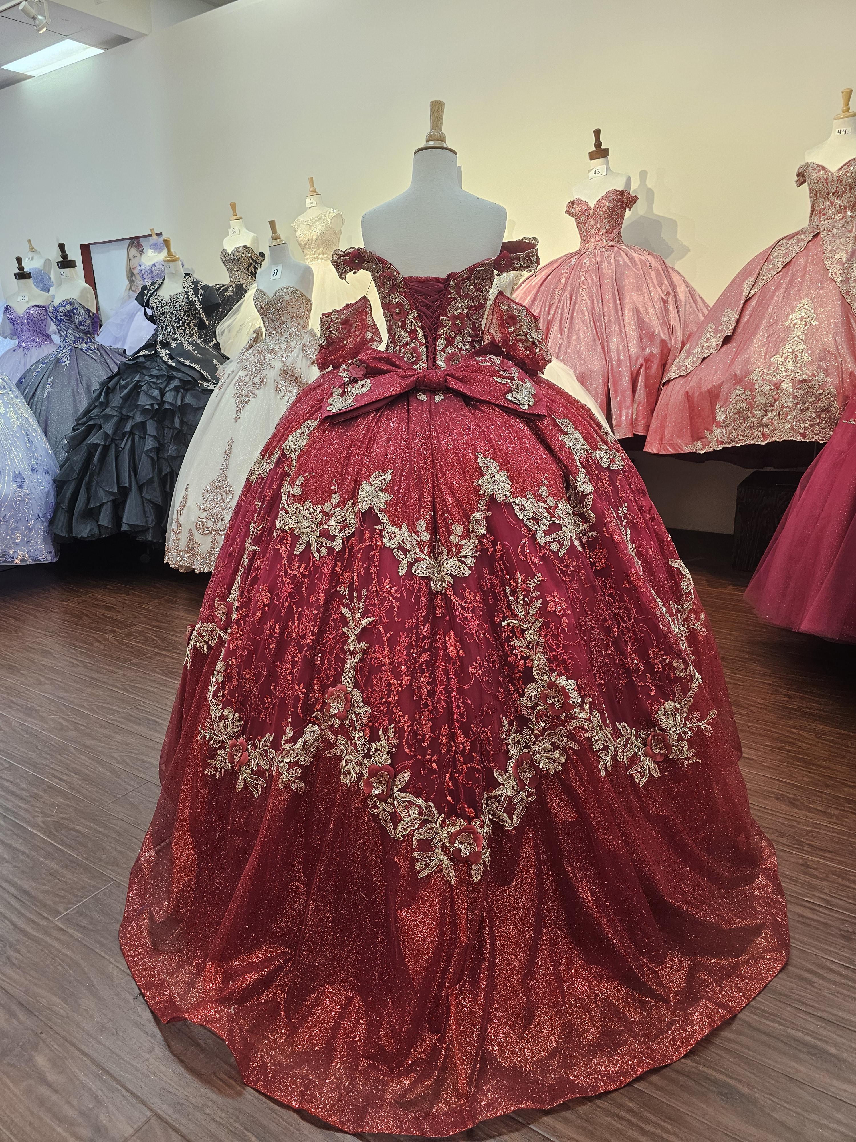Quinceanera Ball Gown Dress - 3D Butterfly & Flower Embroidery Metallic Sweet 15 Red Sequin Dress for Special Occasions