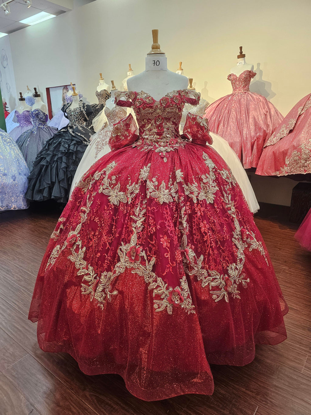 Quinceanera Ball Gown Dress - 3D Butterfly & Flower Embroidery Metallic Sweet 15 Red Sequin Dress for Special Occasions