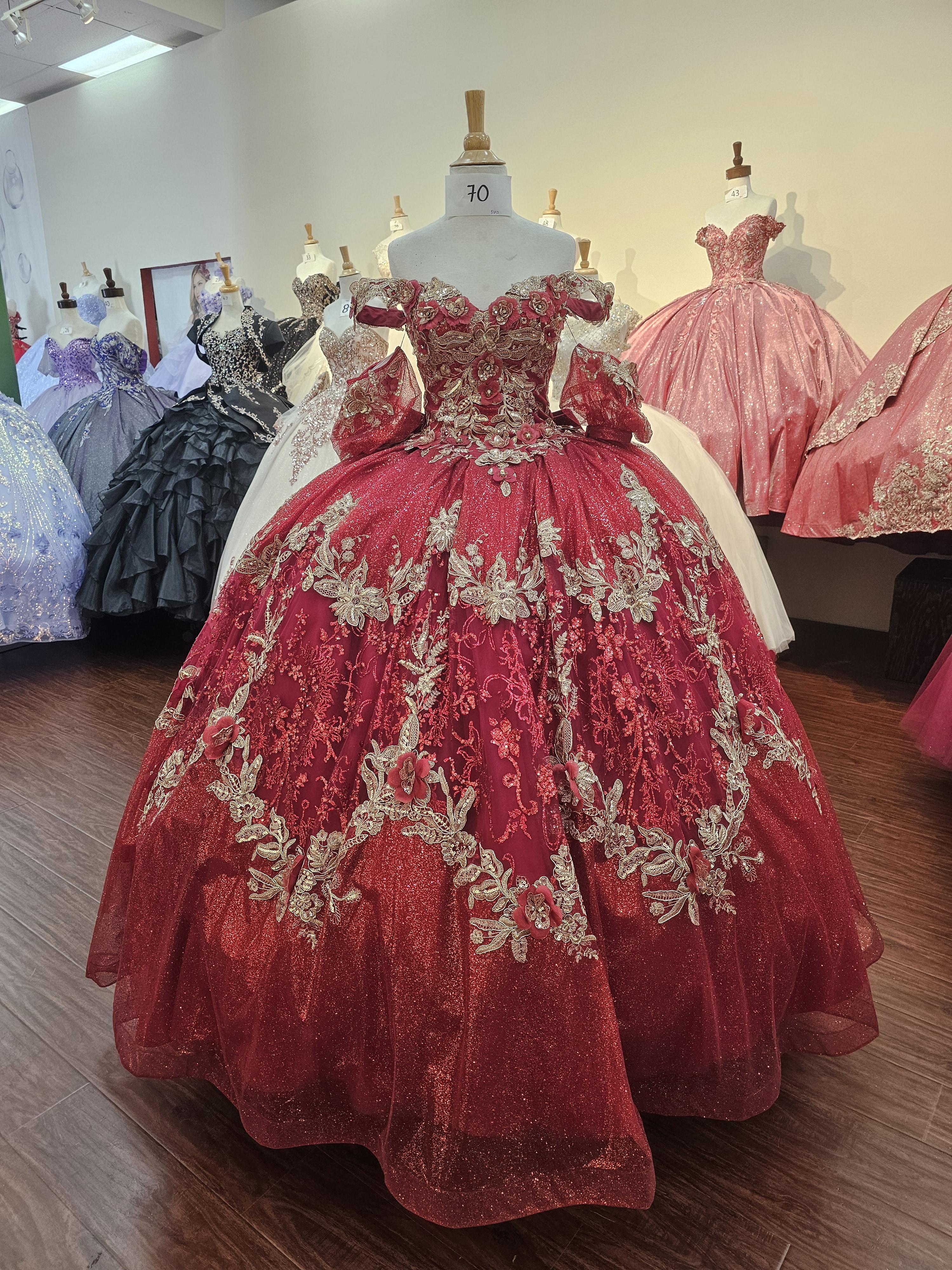 Quinceanera Ball Gown Dress - 3D Butterfly & Flower Embroidery Metallic Sweet 15 Red Sequin Dress for Special Occasions