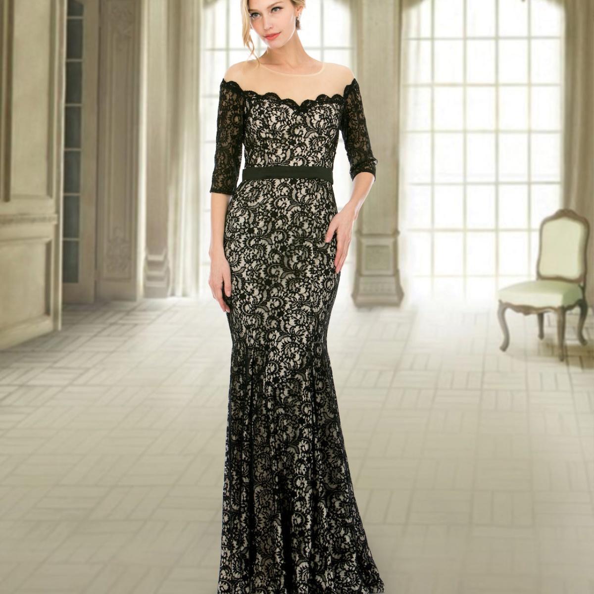 A beautiful gown, off-shoulder, reveals noble air.