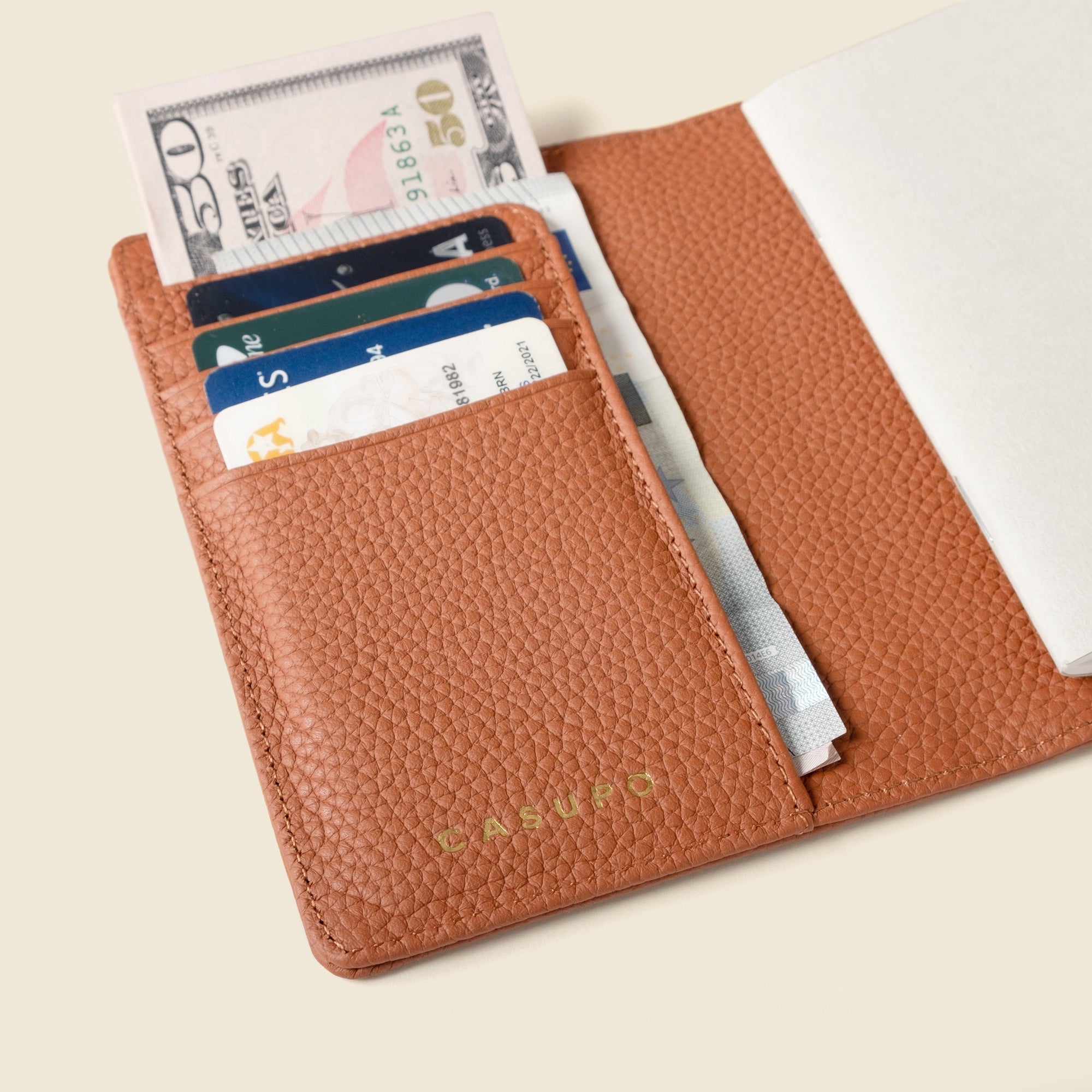 Leather Passport Wallet with RFID - Tan
