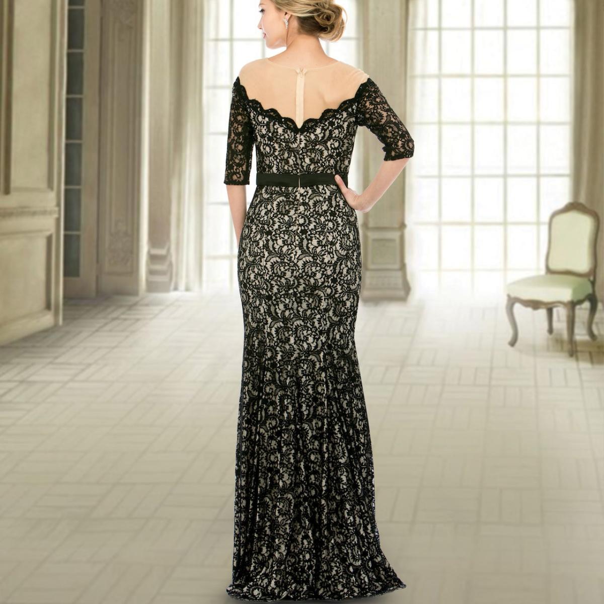 A beautiful gown, off-shoulder, reveals noble air.