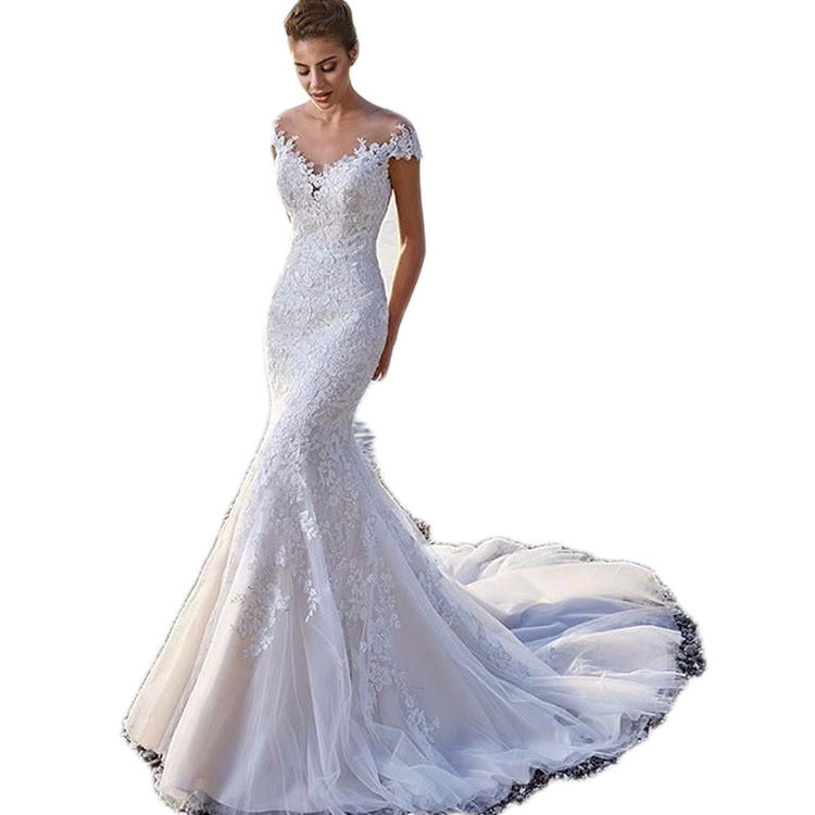Princess Bride Mermaid Wedding Dress - White Trailing Backless Lace Gown