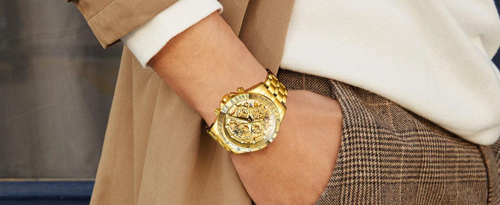 OLEVS Lxuxry Brand Gold Men's Watches Full Skeleton Stainless steel Chronograph Wristwatch Waterproof Luminous Quartz Watch Men