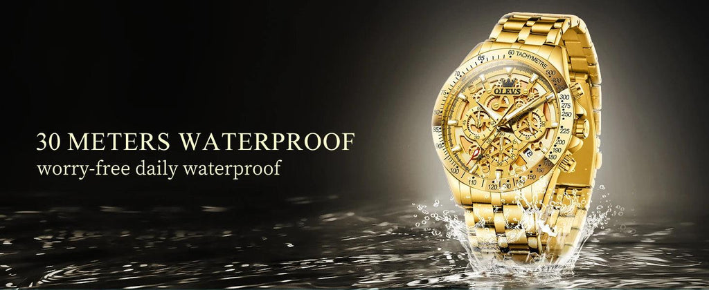 OLEVS Lxuxry Brand Gold Men's Watches Full Skeleton Stainless steel Chronograph Wristwatch Waterproof Luminous Quartz Watch Men