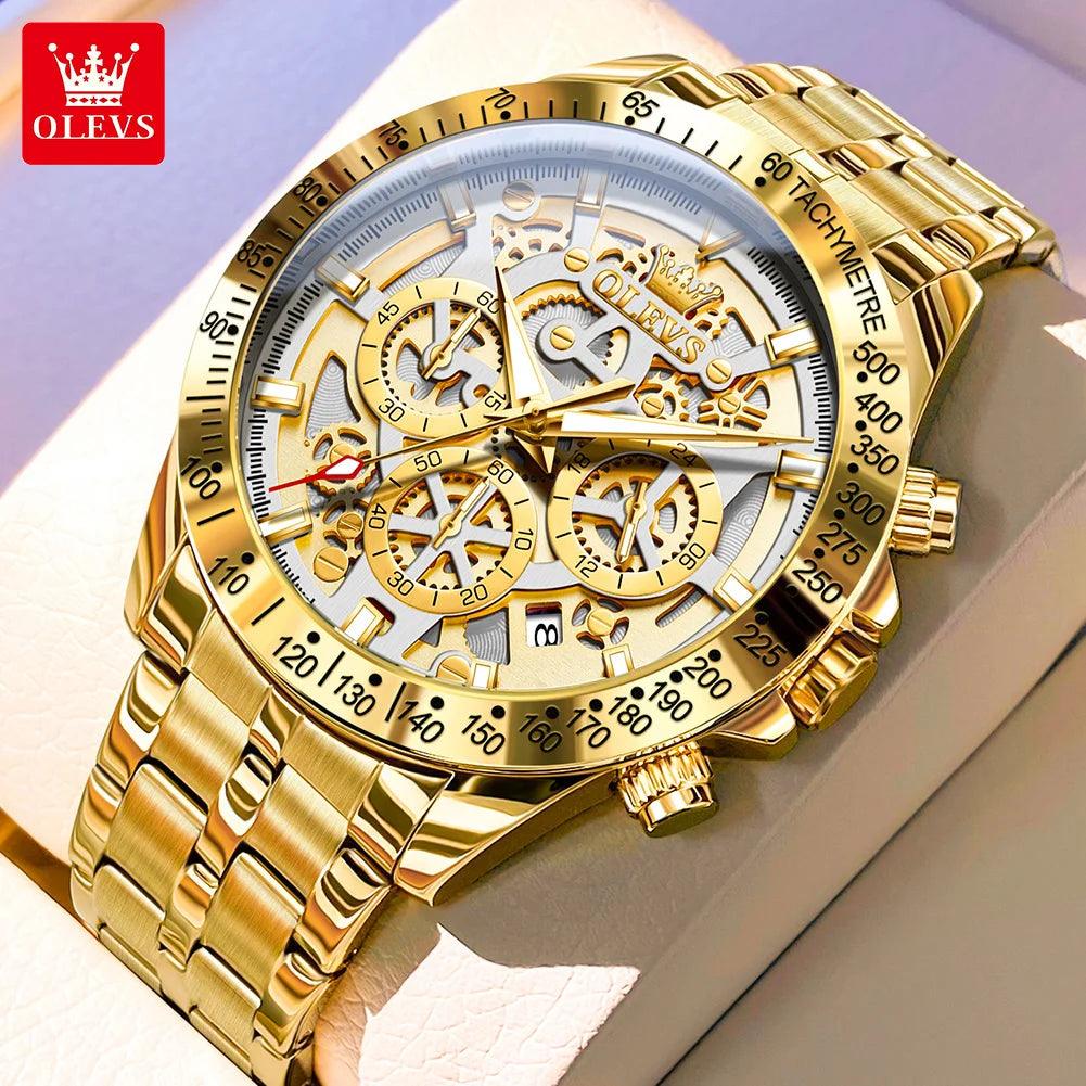 OLEVS Lxuxry Brand Gold Men's Watches Full Skeleton Stainless steel Chronograph Wristwatch Waterproof Luminous Quartz Watch Men