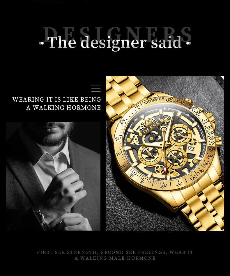 OLEVS Lxuxry Brand Gold Men's Watches Full Skeleton Stainless steel Chronograph Wristwatch Waterproof Luminous Quartz Watch Men