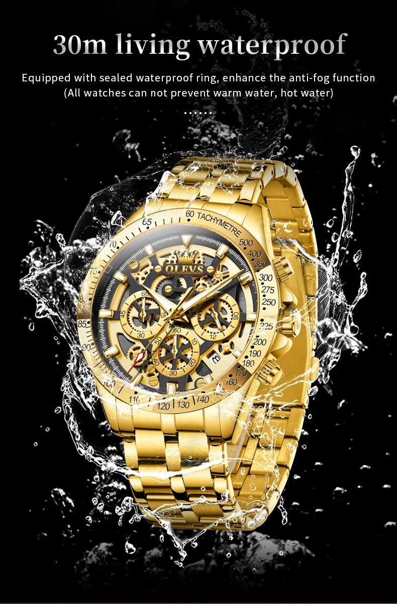 OLEVS Lxuxry Brand Gold Men's Watches Full Skeleton Stainless steel Chronograph Wristwatch Waterproof Luminous Quartz Watch Men