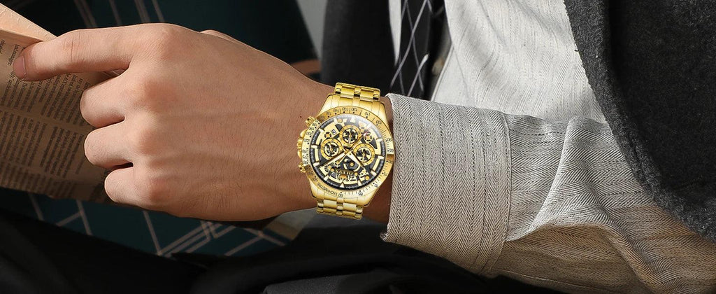 OLEVS Lxuxry Brand Gold Men's Watches Full Skeleton Stainless steel Chronograph Wristwatch Waterproof Luminous Quartz Watch Men