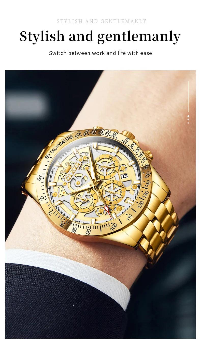 OLEVS Lxuxry Brand Gold Men's Watches Full Skeleton Stainless steel Chronograph Wristwatch Waterproof Luminous Quartz Watch Men
