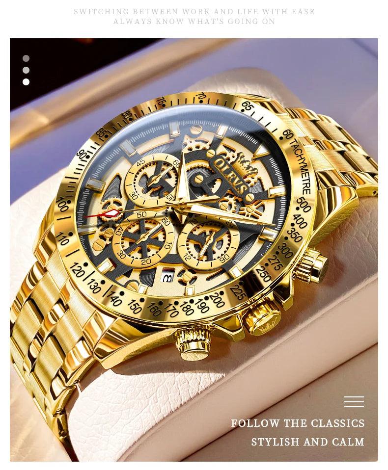 OLEVS Lxuxry Brand Gold Men's Watches Full Skeleton Stainless steel Chronograph Wristwatch Waterproof Luminous Quartz Watch Men