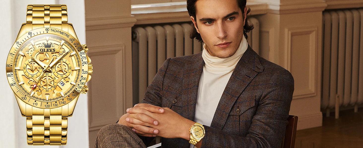 OLEVS Lxuxry Brand Gold Men's Watches Full Skeleton Stainless steel Chronograph Wristwatch Waterproof Luminous Quartz Watch Men
