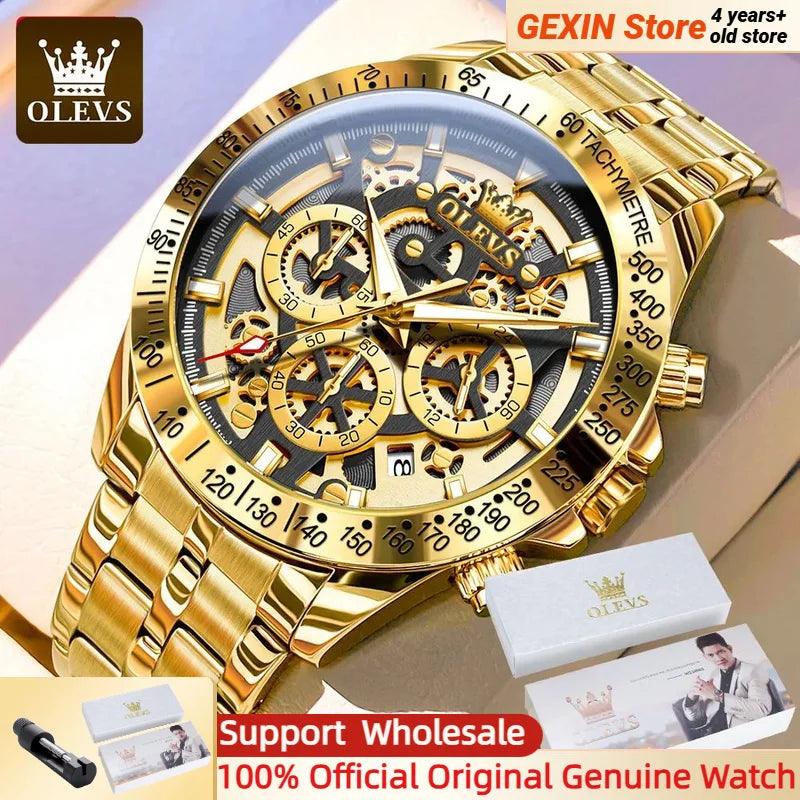 OLEVS Lxuxry Brand Gold Men's Watches Full Skeleton Stainless steel Chronograph Wristwatch Waterproof Luminous Quartz Watch Men