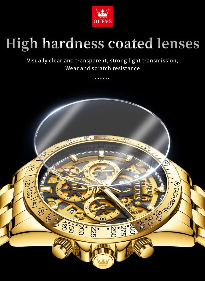 OLEVS Lxuxry Brand Gold Men's Watches Full Skeleton Stainless steel Chronograph Wristwatch Waterproof Luminous Quartz Watch Men