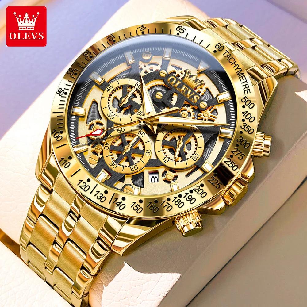 OLEVS Lxuxry Brand Gold Men's Watches Full Skeleton Stainless steel Chronograph Wristwatch Waterproof Luminous Quartz Watch Men