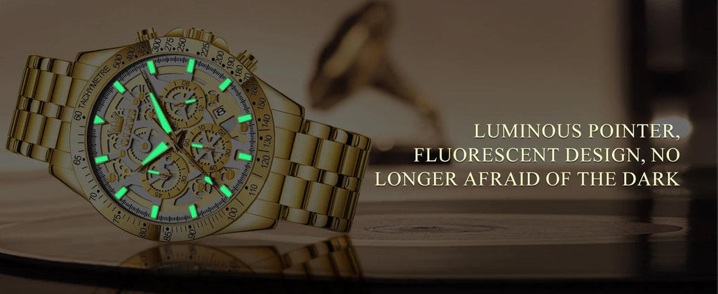 OLEVS Lxuxry Brand Gold Men's Watches Full Skeleton Stainless steel Chronograph Wristwatch Waterproof Luminous Quartz Watch Men