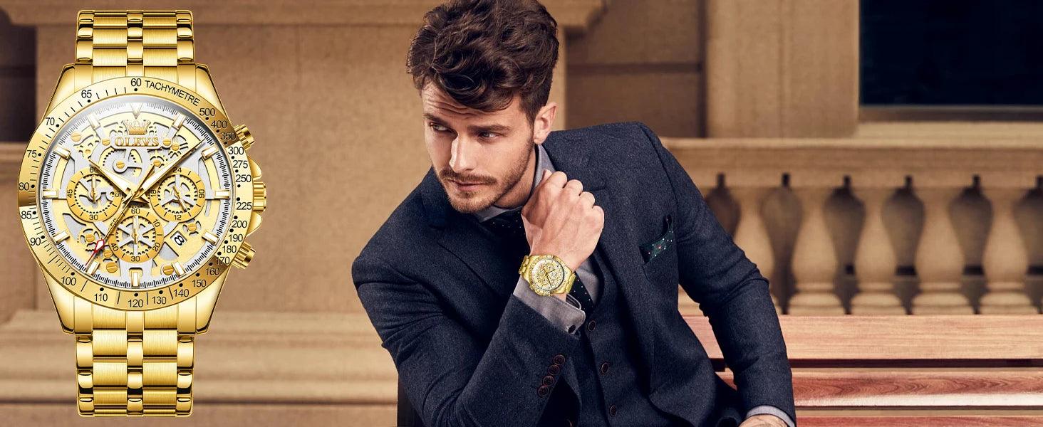 OLEVS Lxuxry Brand Gold Men's Watches Full Skeleton Stainless steel Chronograph Wristwatch Waterproof Luminous Quartz Watch Men