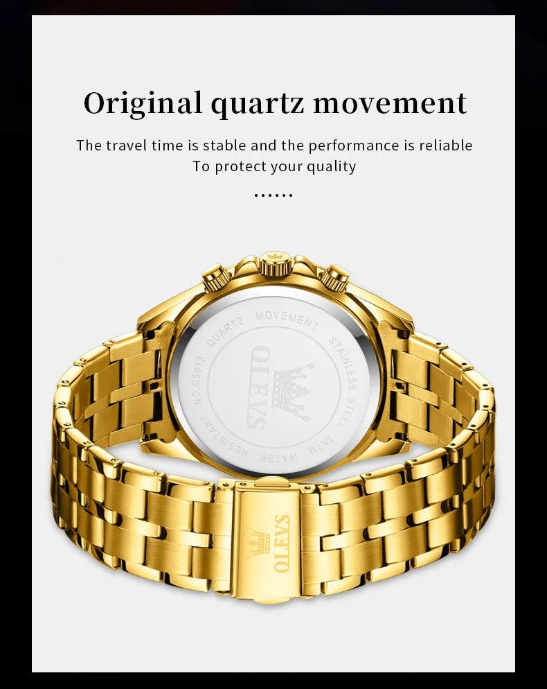OLEVS Lxuxry Brand Gold Men's Watches Full Skeleton Stainless steel Chronograph Wristwatch Waterproof Luminous Quartz Watch Men