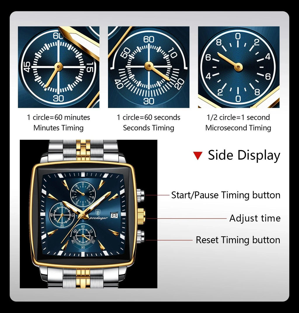 POEDAGAR Men's Square Chronograph Watch - Luminous Waterproof Stainless Steel Quartz Wristwatch