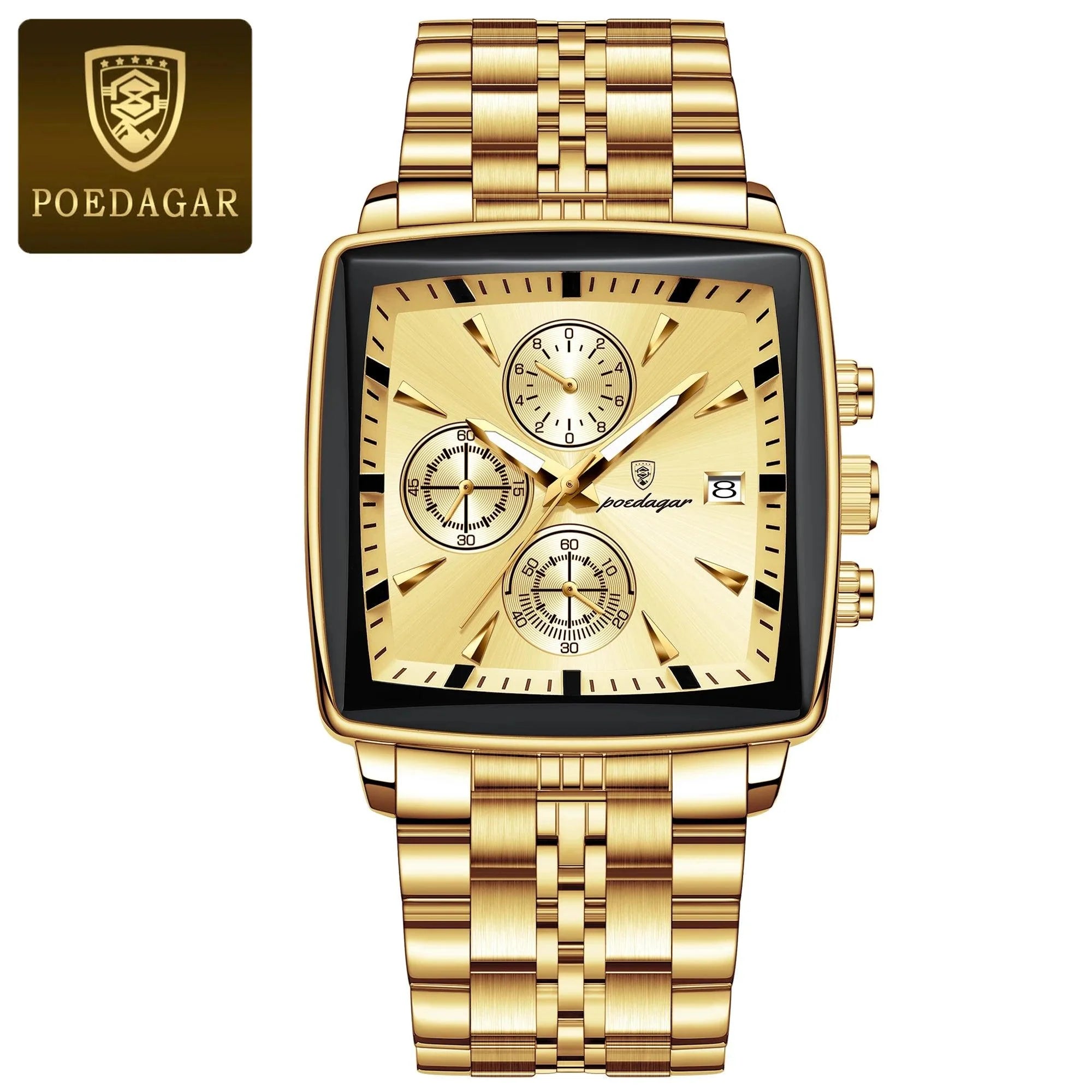 POEDAGAR Men's Square Chronograph Watch - Luminous Waterproof Stainless Steel Quartz Wristwatch