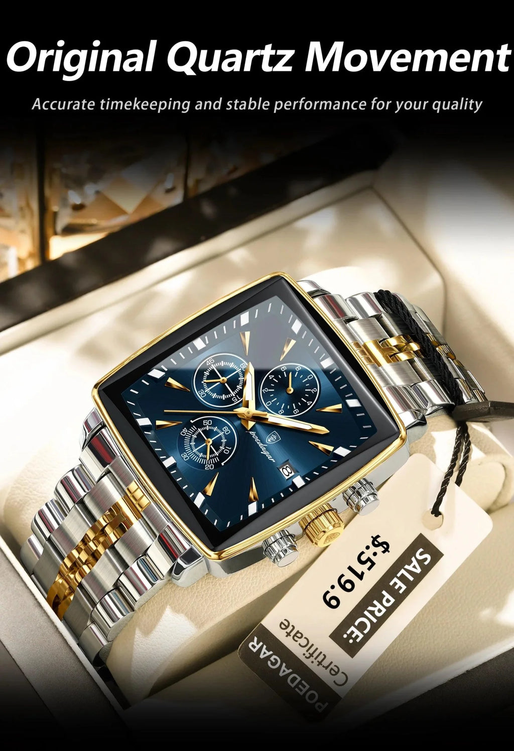 POEDAGAR Men's Square Chronograph Watch - Luminous Waterproof Stainless Steel Quartz Wristwatch