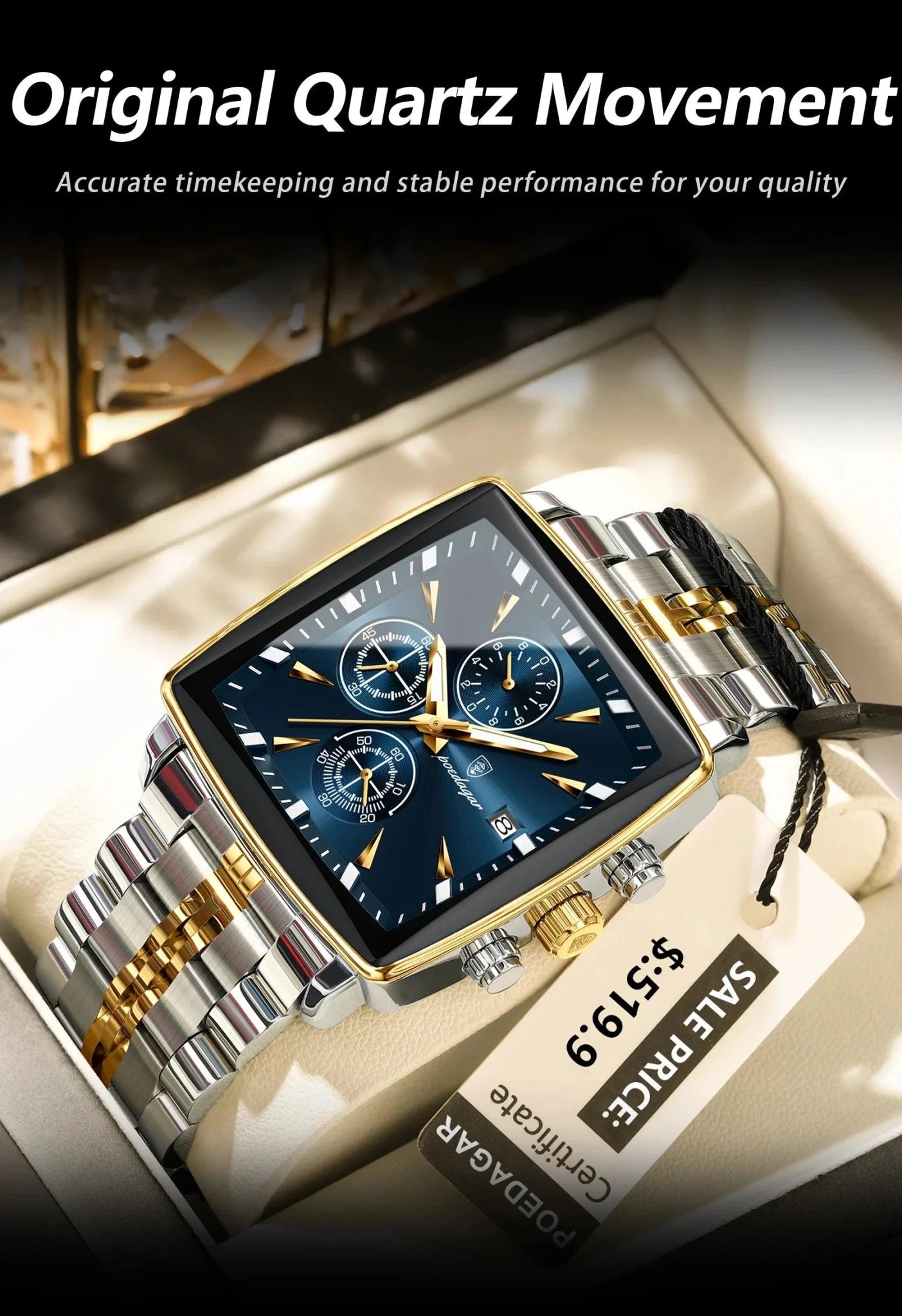 POEDAGAR Men's Square Chronograph Watch - Luminous Waterproof Stainless Steel Quartz Wristwatch