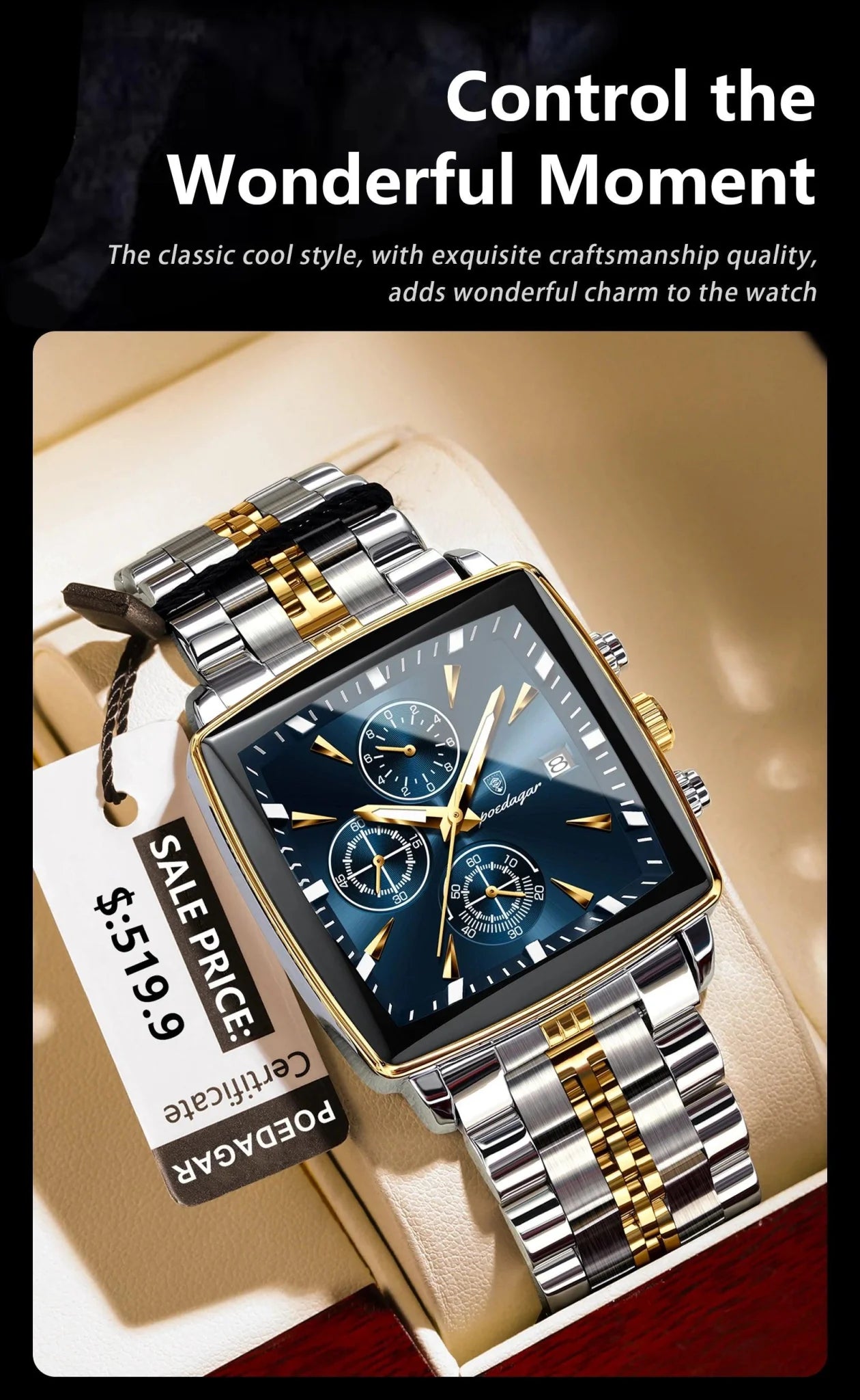 POEDAGAR Men's Square Chronograph Watch - Luminous Waterproof Stainless Steel Quartz Wristwatch