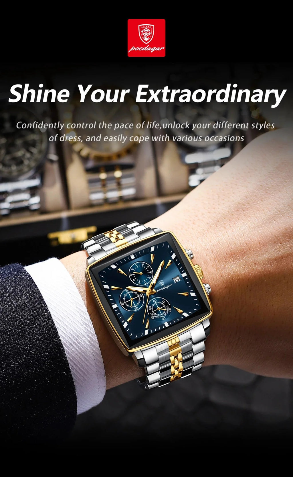 POEDAGAR Men's Square Chronograph Watch - Luminous Waterproof Stainless Steel Quartz Wristwatch