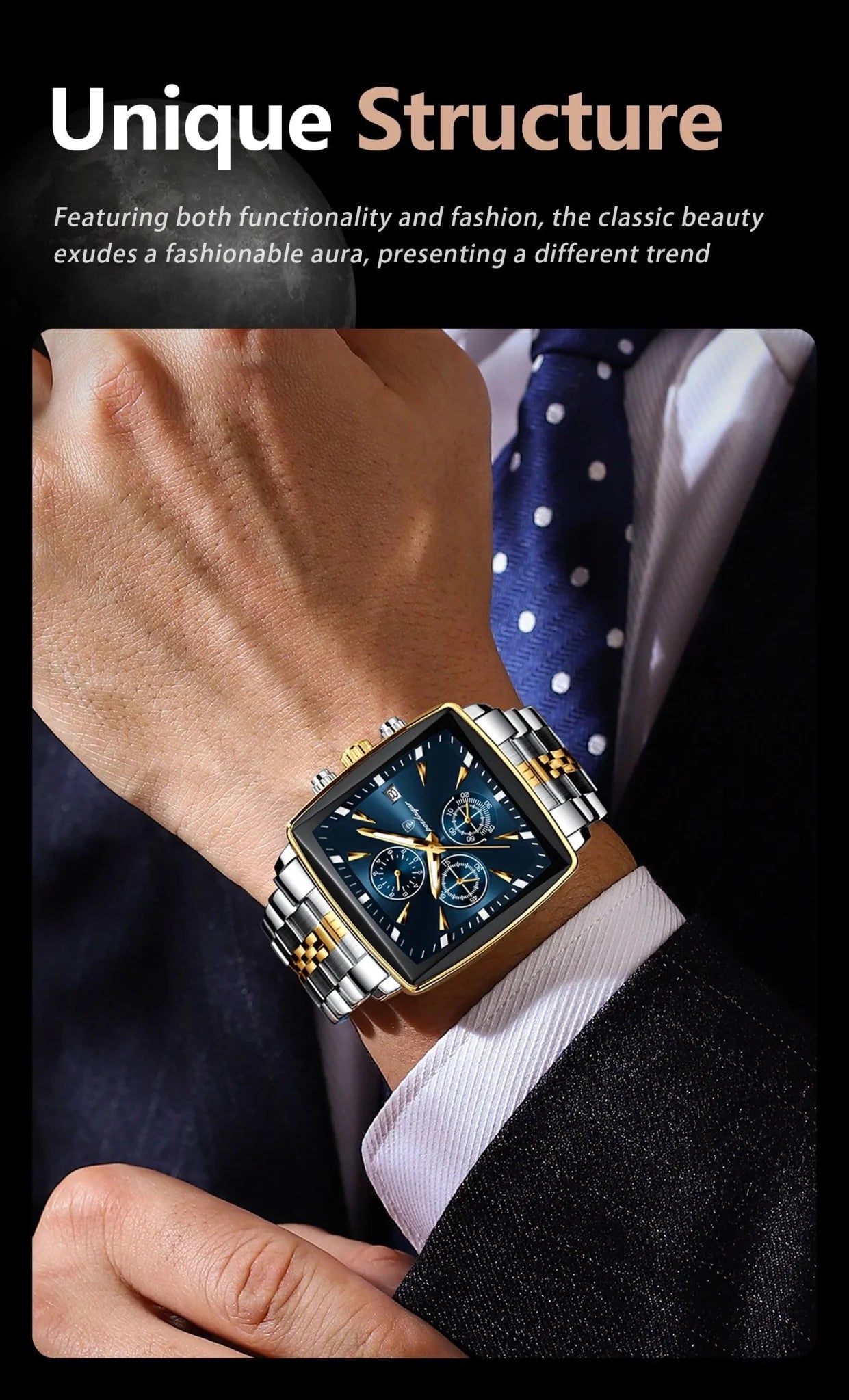 POEDAGAR Men's Square Chronograph Watch - Luminous Waterproof Stainless Steel Quartz Wristwatch