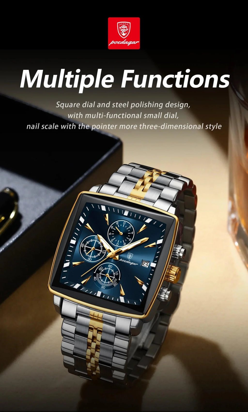 POEDAGAR Men's Square Chronograph Watch - Luminous Waterproof Stainless Steel Quartz Wristwatch