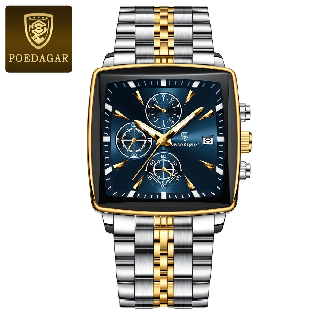 POEDAGAR Men's Square Chronograph Watch - Luminous Waterproof Stainless Steel Quartz Wristwatch