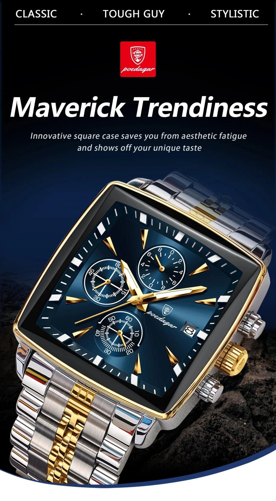 POEDAGAR Men's Square Chronograph Watch - Luminous Waterproof Stainless Steel Quartz Wristwatch