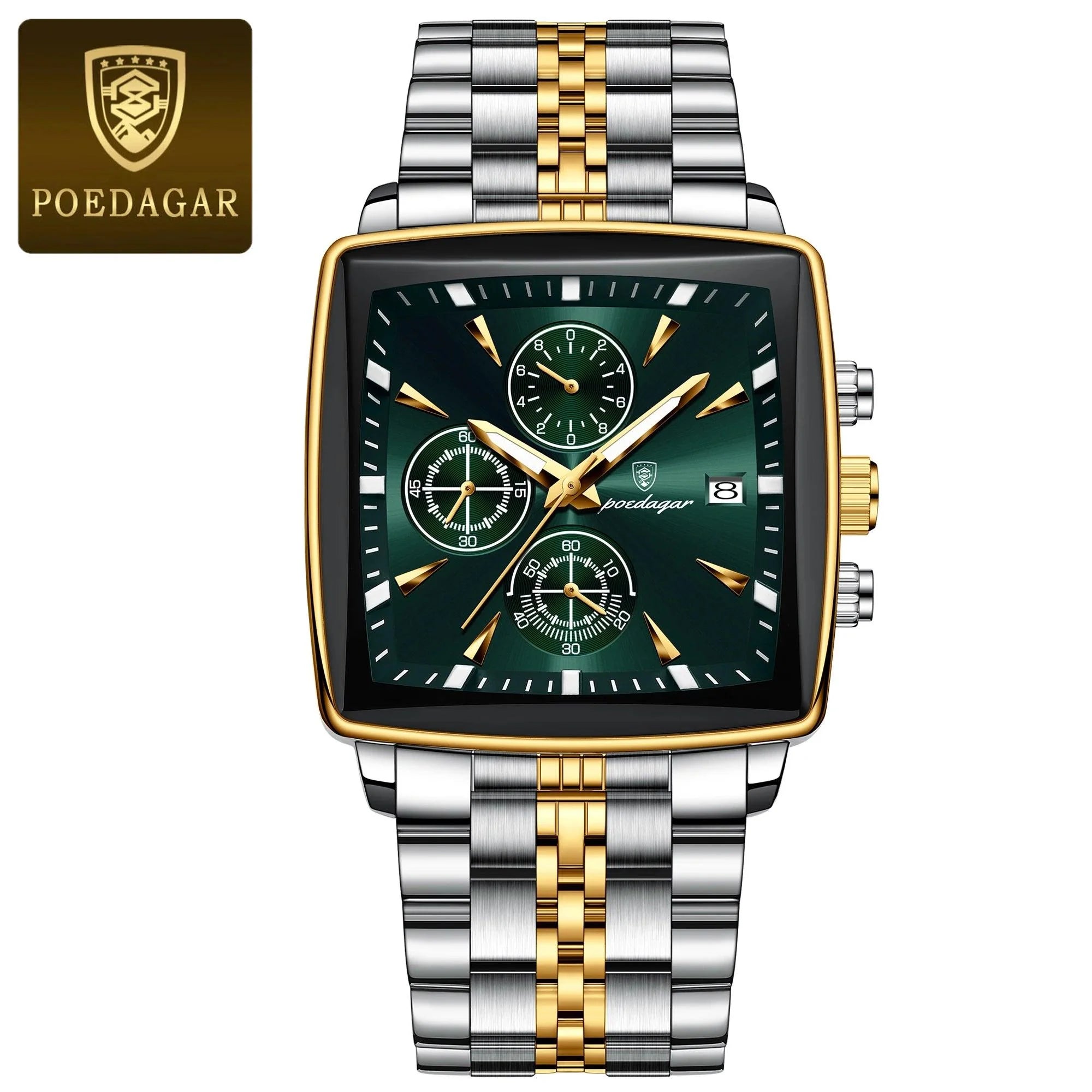 POEDAGAR Men's Square Chronograph Watch - Luminous Waterproof Stainless Steel Quartz Wristwatch