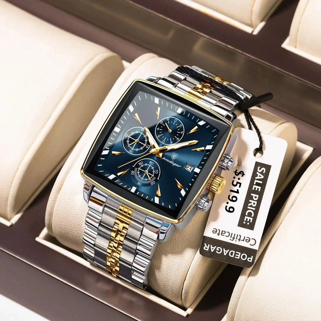 POEDAGAR Men's Square Chronograph Watch - Luminous Waterproof Stainless Steel Quartz Wristwatch