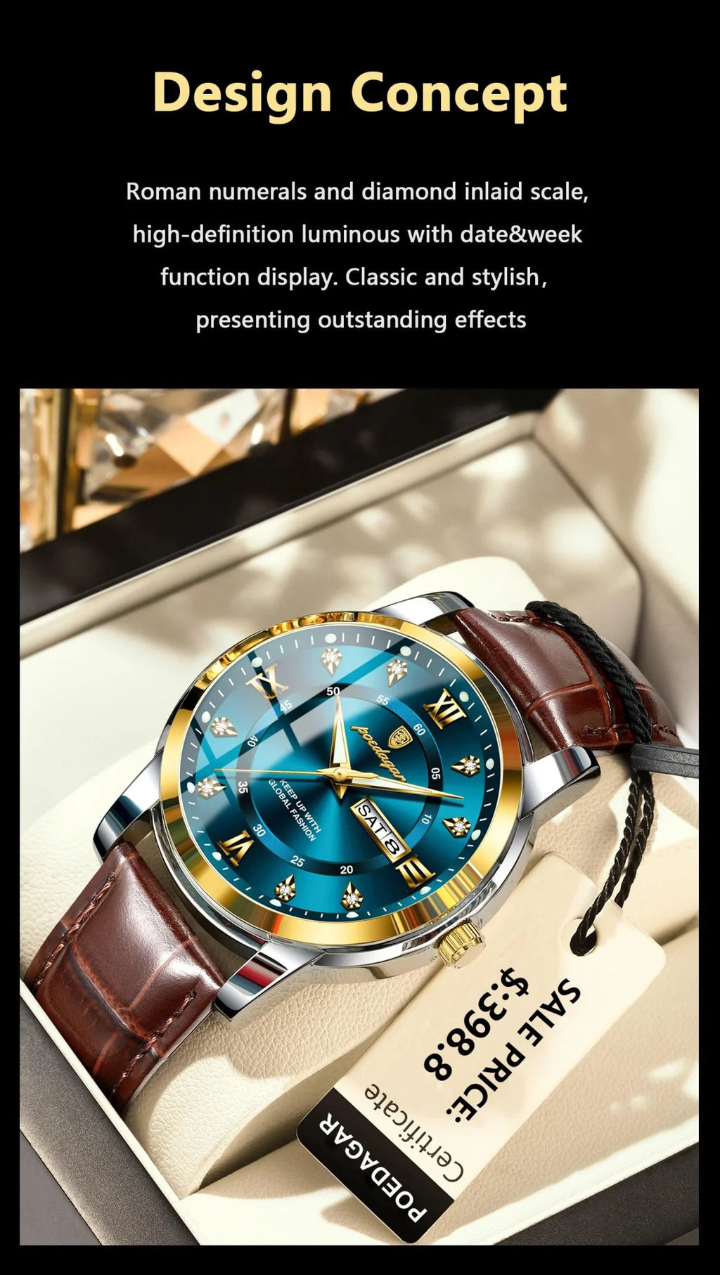 POEDAGAR Luxury Men's Quartz Watch - Waterproof, Luminous, Date Display, High-Quality Leather Strap, Sporty Design