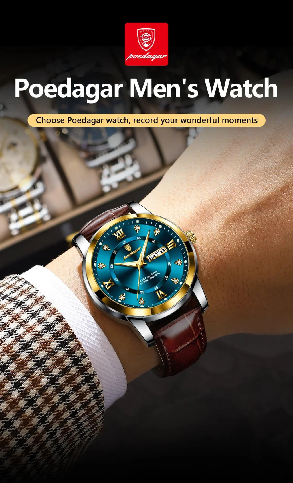 POEDAGAR Luxury Men's Quartz Watch - Waterproof, Luminous, Date Display, High-Quality Leather Strap, Sporty Design