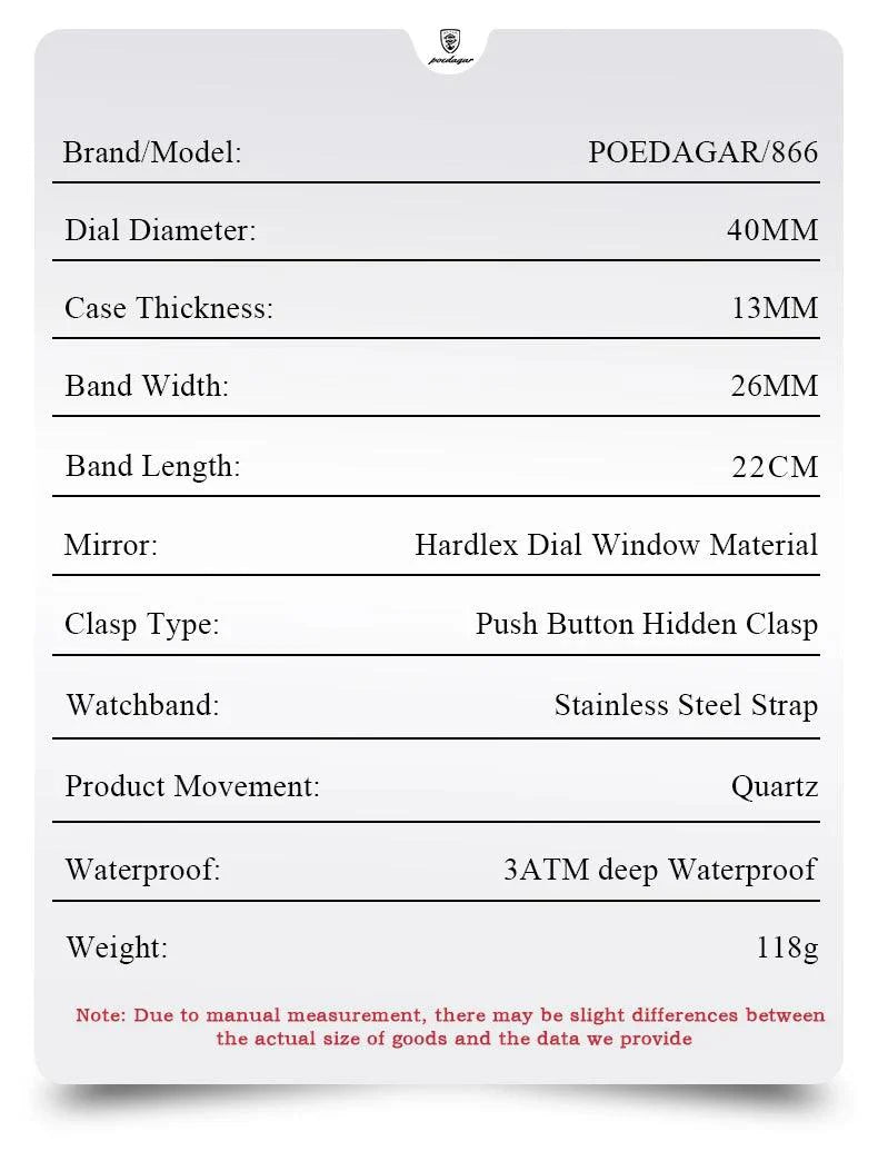 POEDAGAR Luxury Chronograph Men's Watch - Waterproof, Luminous, Stainless Steel, Sporty Design