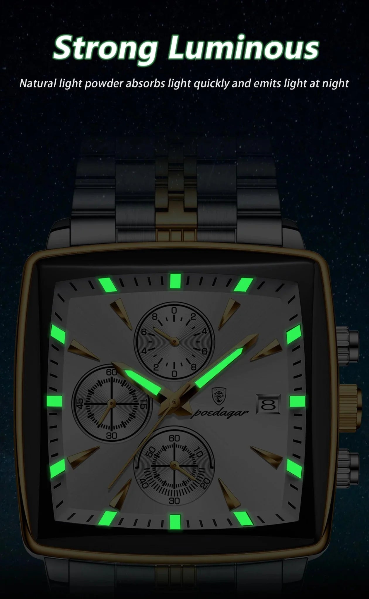 POEDAGAR Luxury Chronograph Men's Watch - Waterproof, Luminous, Stainless Steel, Sporty Design