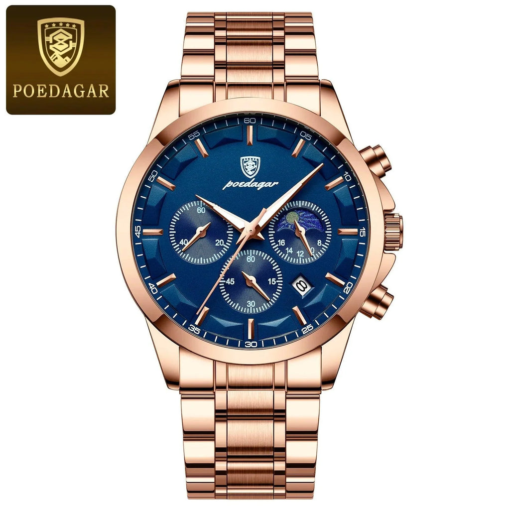 POEDAGAR Luxury Men's Chronograph Watch - Waterproof, Luminous, Leather Strap