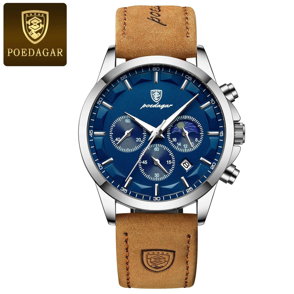 POEDAGAR Luxury Men's Chronograph Watch - Waterproof, Luminous, Leather Strap