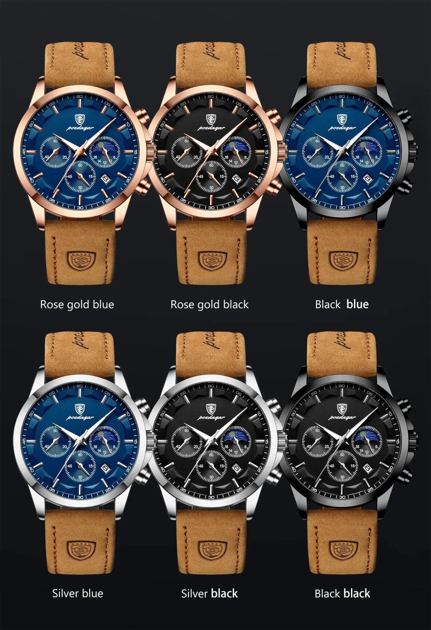 POEDAGAR Luxury Men's Chronograph Watch - Waterproof, Luminous, Leather Strap