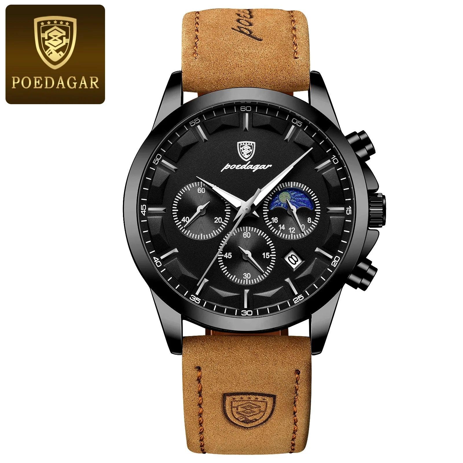 POEDAGAR Luxury Men's Chronograph Watch - Waterproof, Luminous, Leather Strap