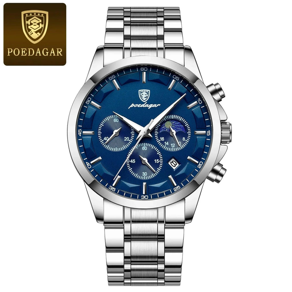 POEDAGAR Luxury Men's Chronograph Watch - Waterproof, Luminous, Leather Strap
