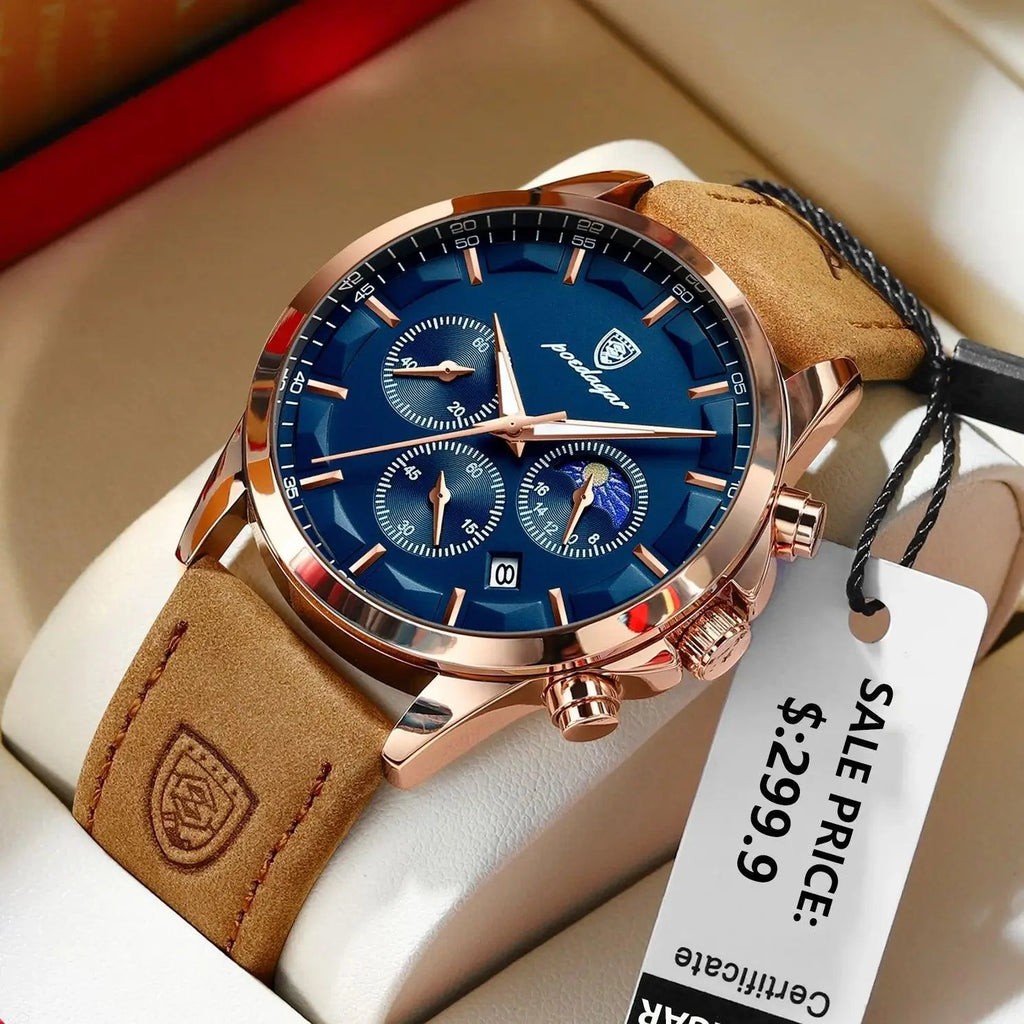 POEDAGAR Luxury Men's Chronograph Watch - Waterproof, Luminous, Leather Strap