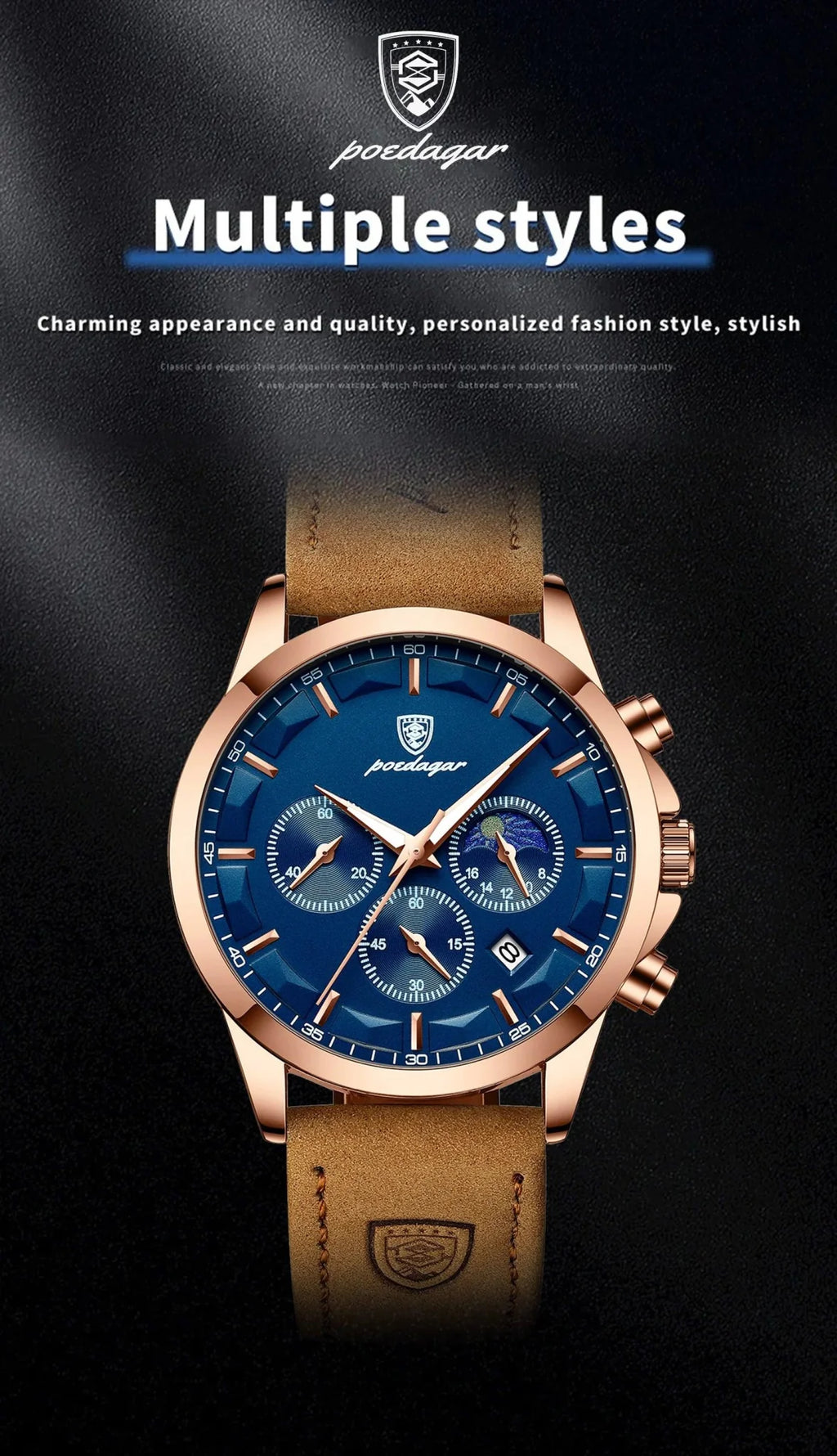 POEDAGAR Luxury Men's Chronograph Watch - Waterproof, Luminous, Leather Strap